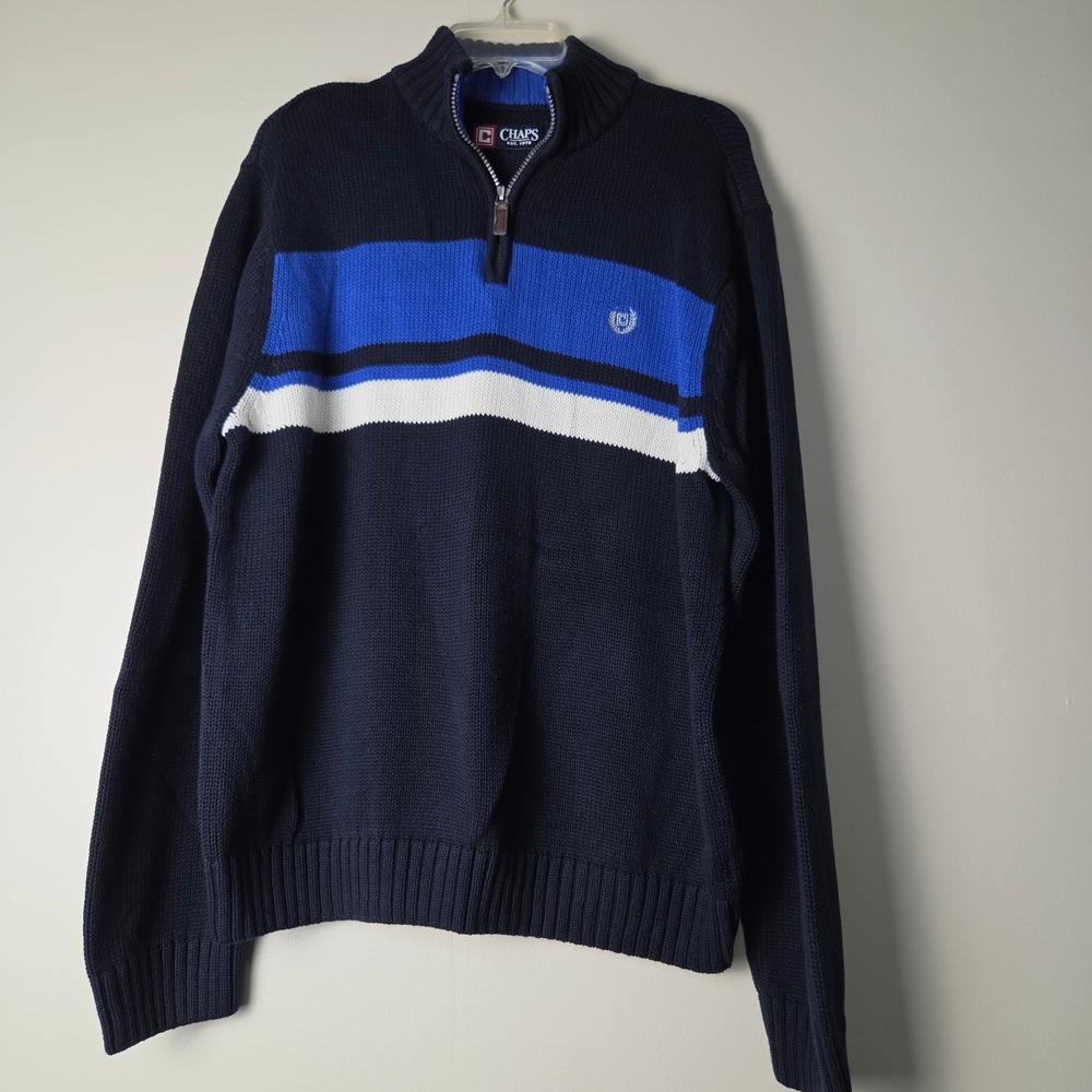 Chaps Mens Quarter Zip Sweater Navy Blue Striped Cotton Mock Neck Pullover Large